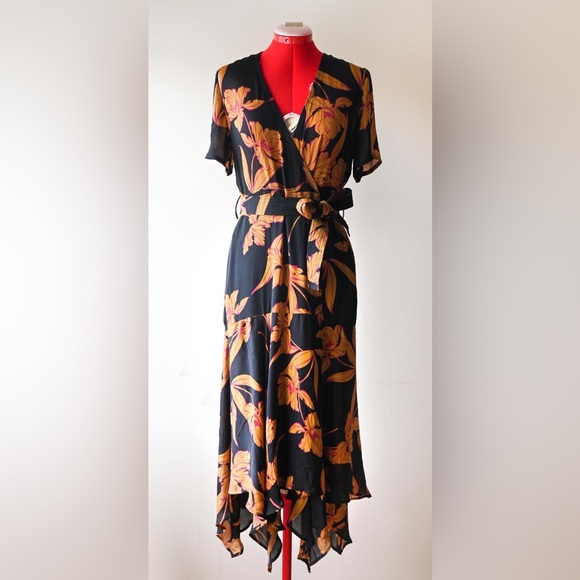 [SOLD] A.L.C Avi Dress Black Ochre Iris Print 100% Silk 1930's Revival Wrap - Picture 2 of 16